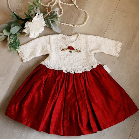 GORGEOUS Red Dupioni Silk Dress 100% Crocheted Top Size 3/6 Months LIKE NEW - Picture 1 of 6